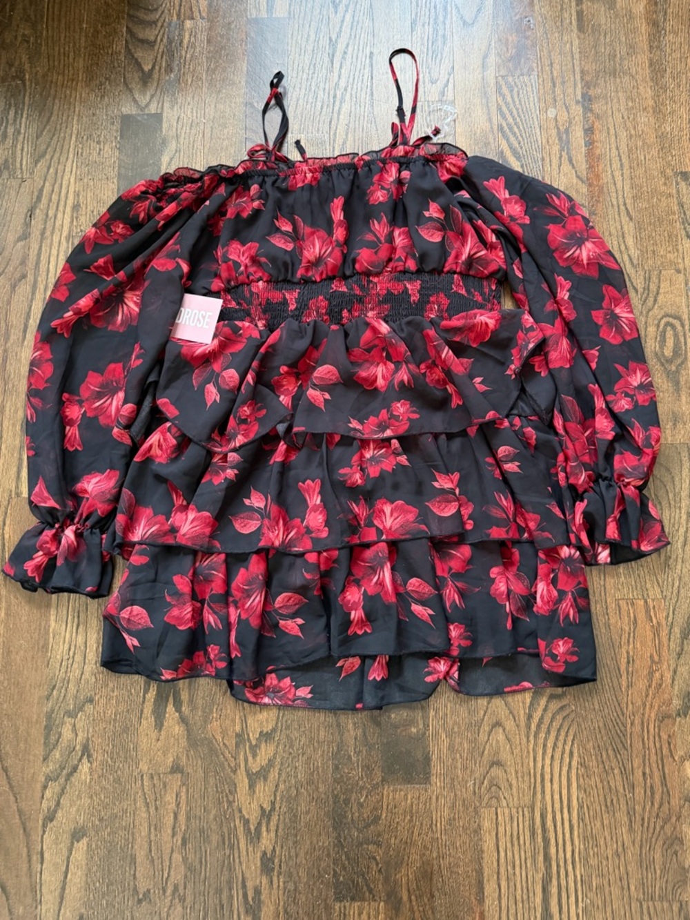Ruffled Off-Shoulder Midi Dress in Black with Red Floral Print